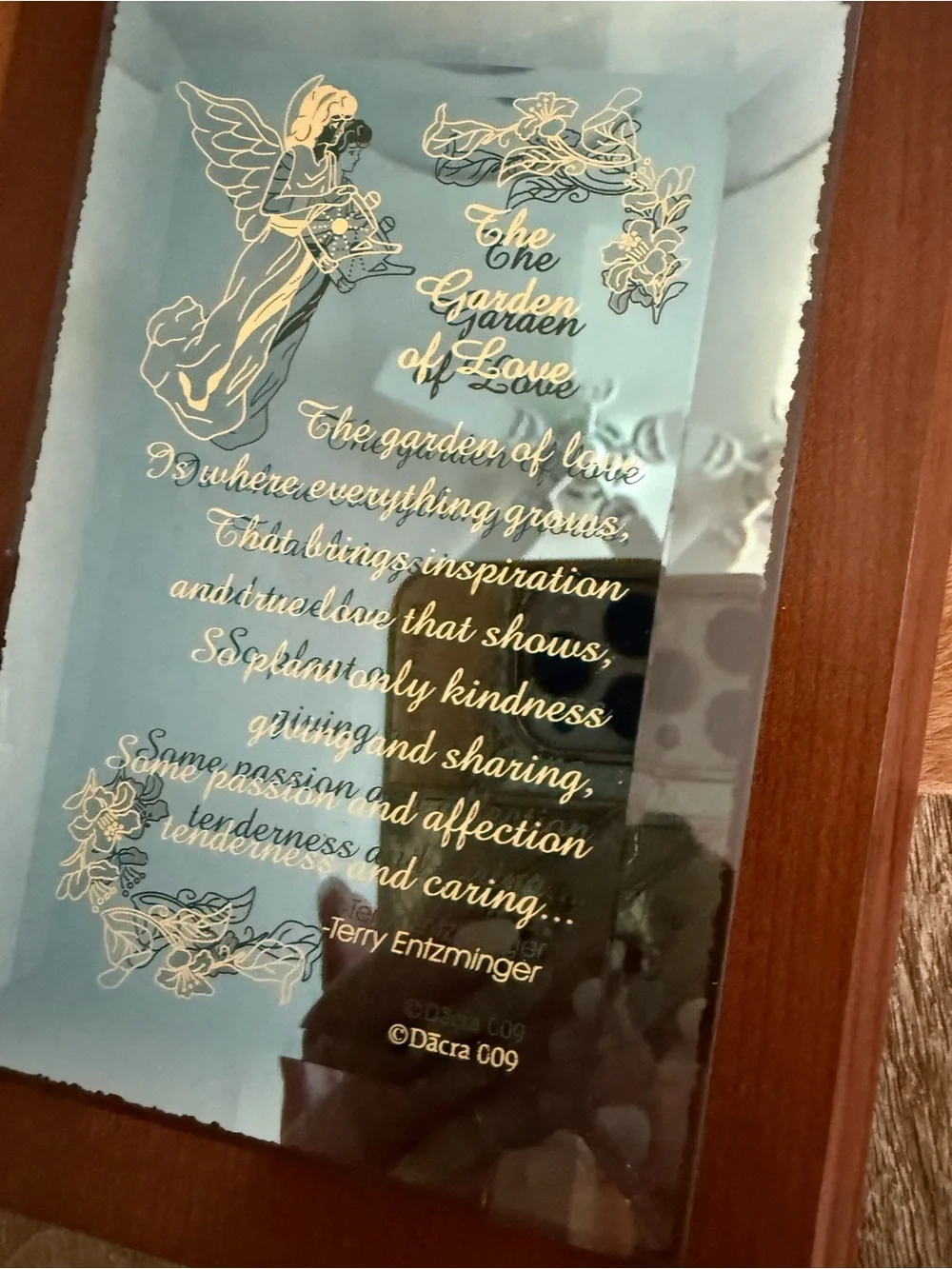 Vintage Engraved Angel Mirrored Plaque in Wood Frame - Blue Mirror